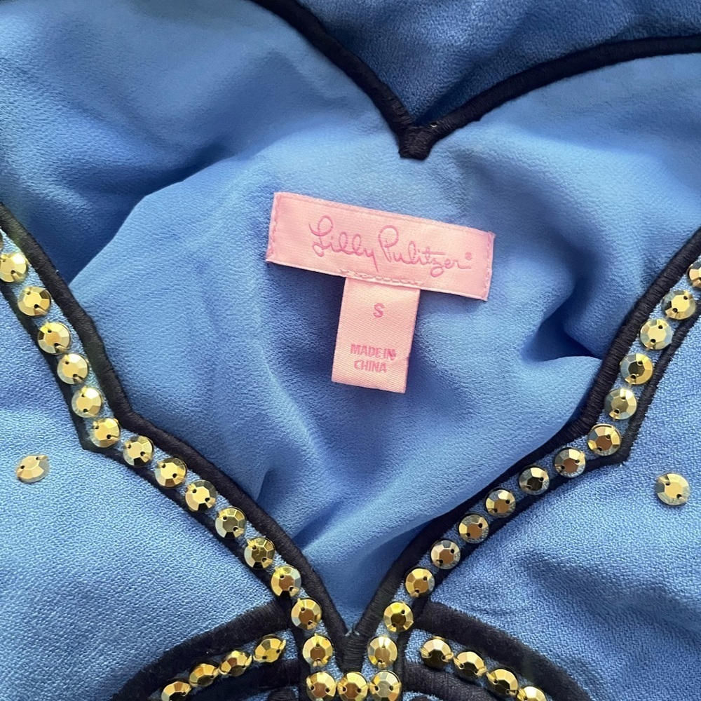 Lilly Pulitzer Owen Blue Embelished Swing Dress Gold Jewel Navy Embroidery Trim - Picture 7 of 10